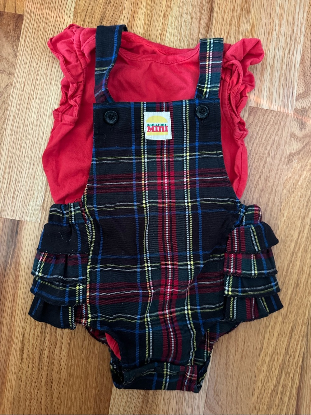 18 month Red Ruffle Bodysuit with Tartan Plaid Overalls Christmas outfit